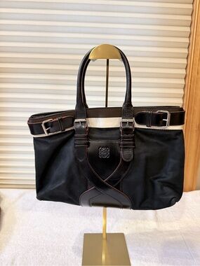 Loewe Anagram belted tote bag in black leather and fabric